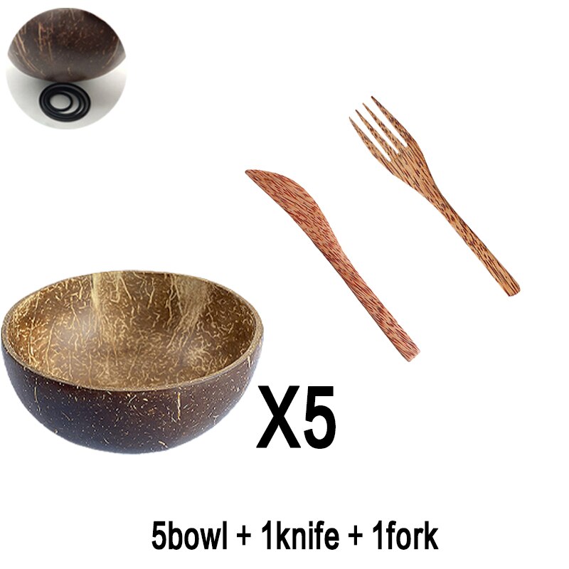 International Natural Natural Coconut Bowl, Coconut Spoon, Coconut Fork, Coconut Knife, Craft Decoration, for Food: 5bowl 1knife 1fork