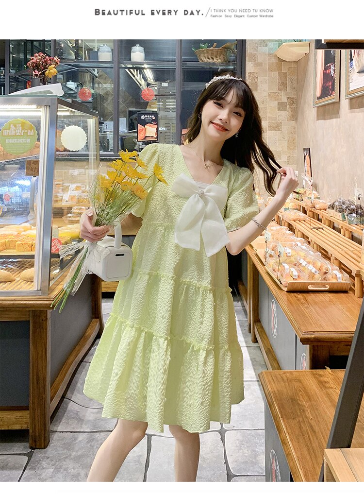 Vestido de estilo francés para mujer embarazada, ropa de maternidad con manga Hubble, Burbuja, cuello en V, Princesa de hadas, lazo, vestido de baile: Yellow / M