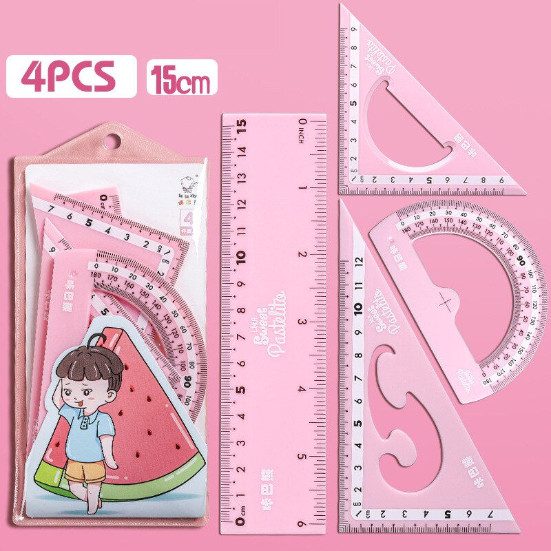 Juego de 4 Uds. LITZY de regla Kawaii, compás matemáticos, papelería escolar, reglas rectas de plástico de 15/20cm, suministros de oficina: Pink 15CM