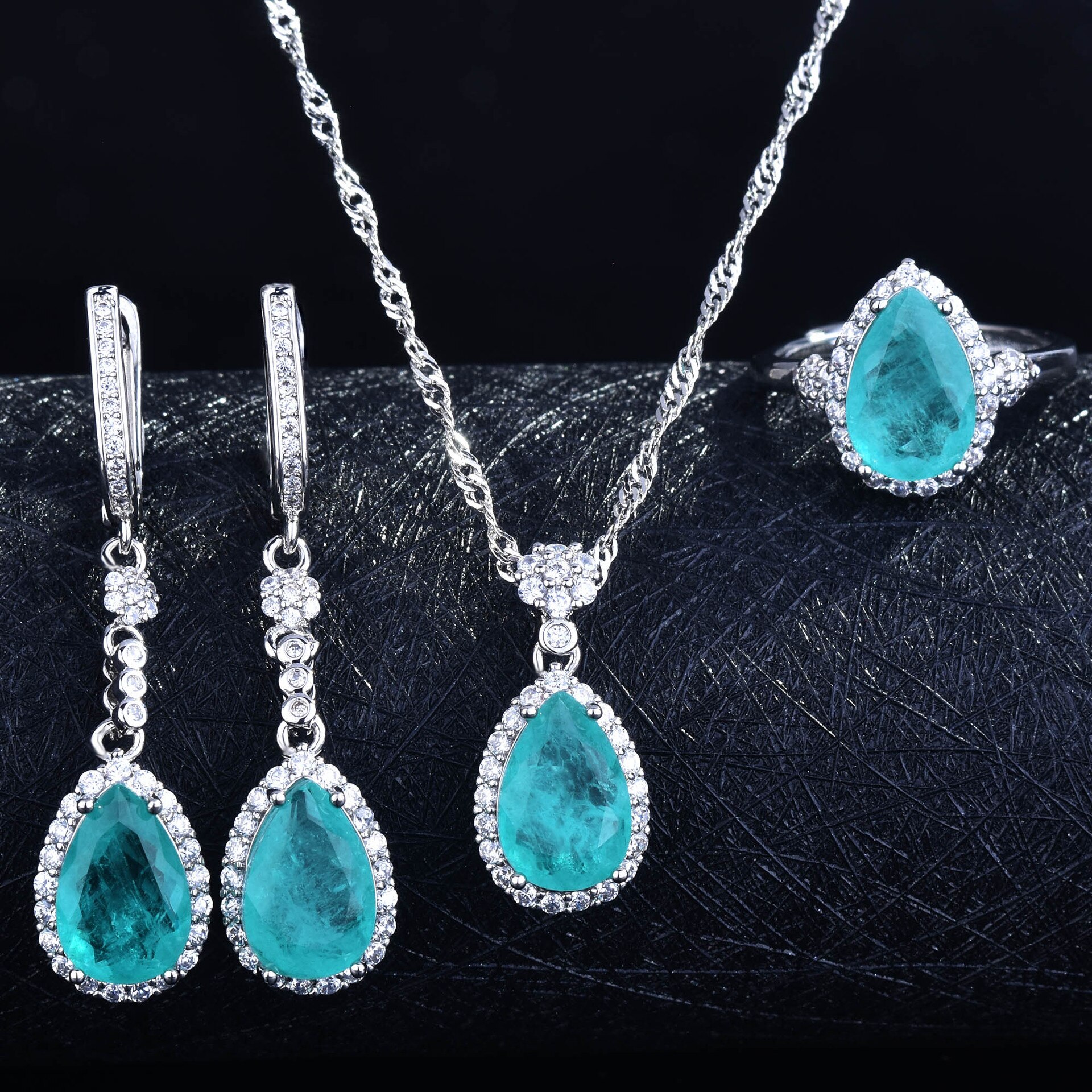 Ruzzallati Prachtige Water Stone Lake Paraiba Toermalijn Sieraden Set Zilver Kleur Ring Oorbel Ketting Voor Vrouwen: 1 Set