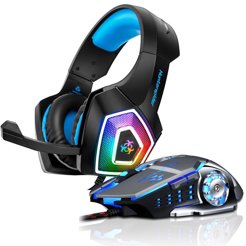 Hunterspider V1 Stereo Gaming Headset Surround Sound Headphones with Mic LED Light for PS4 PC Laptop+Gaming Mouse Mice Pad