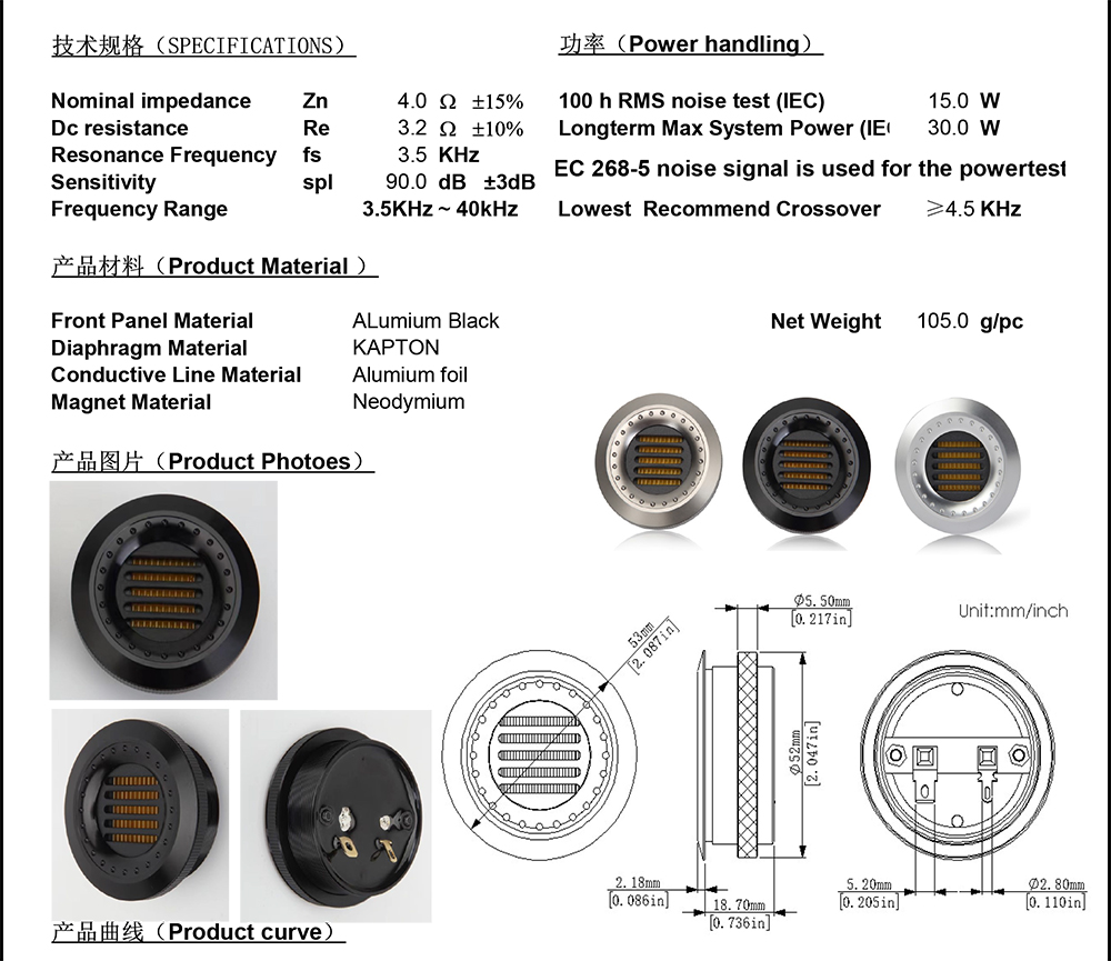 Tweeter de cinta altavoz de alta fidelidad 30W 4ohm AMT transformador de movimiento de aire plano 40KHz Audio súper agudo DIY Tweeter de cine en casa para coche