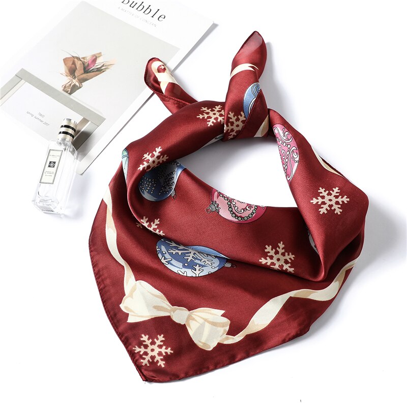 Skåret sne silke tørklæde kvinder print foulard kontor dame hals hår tørklæder firkantet slips jul bandana tørklæde: Fj196- røde