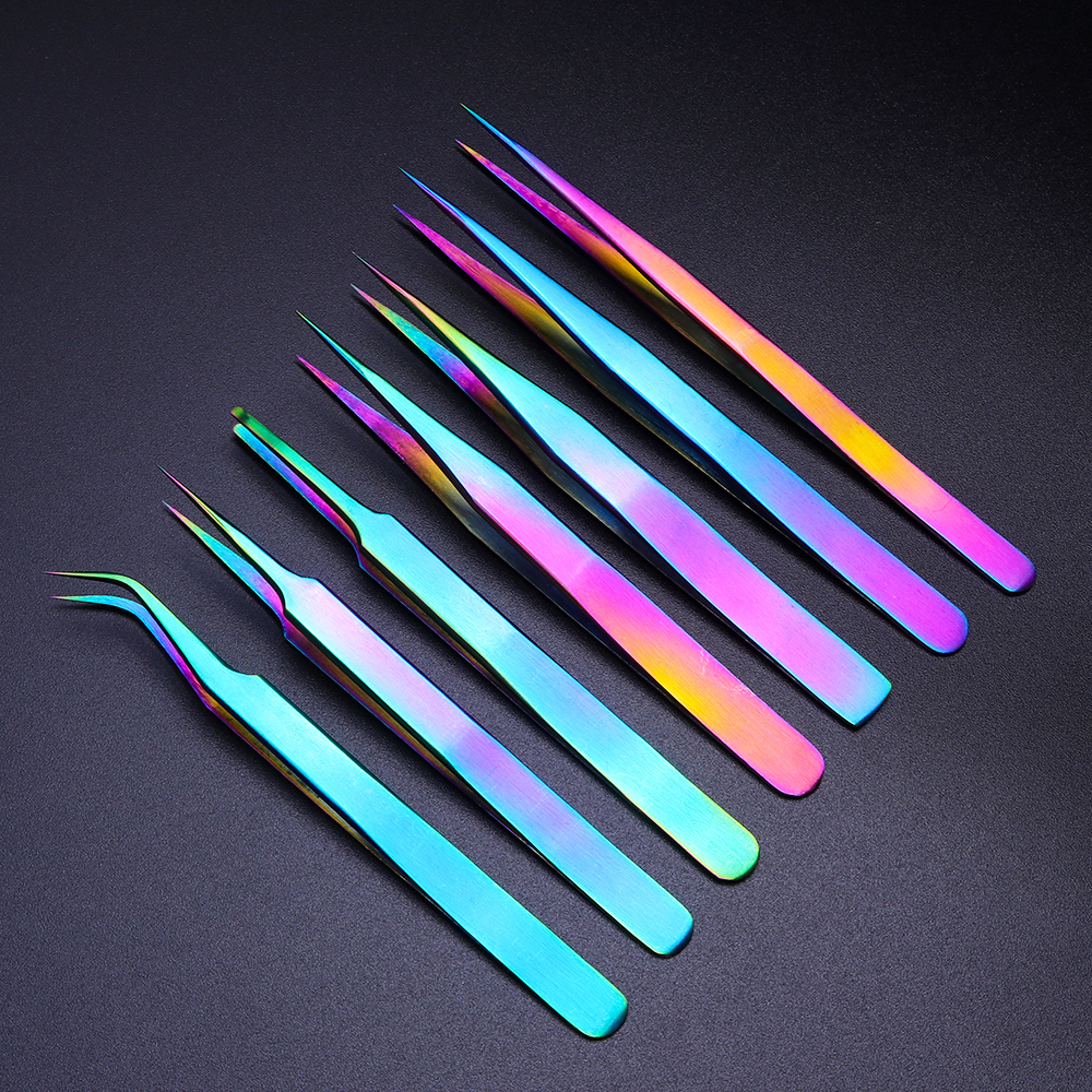 Rvs Wimper Pincet Regenboog Anti-Statische Gebogen Rechte Wimper Extension Rhinestone Picking Make-Up Tool JINB01-07