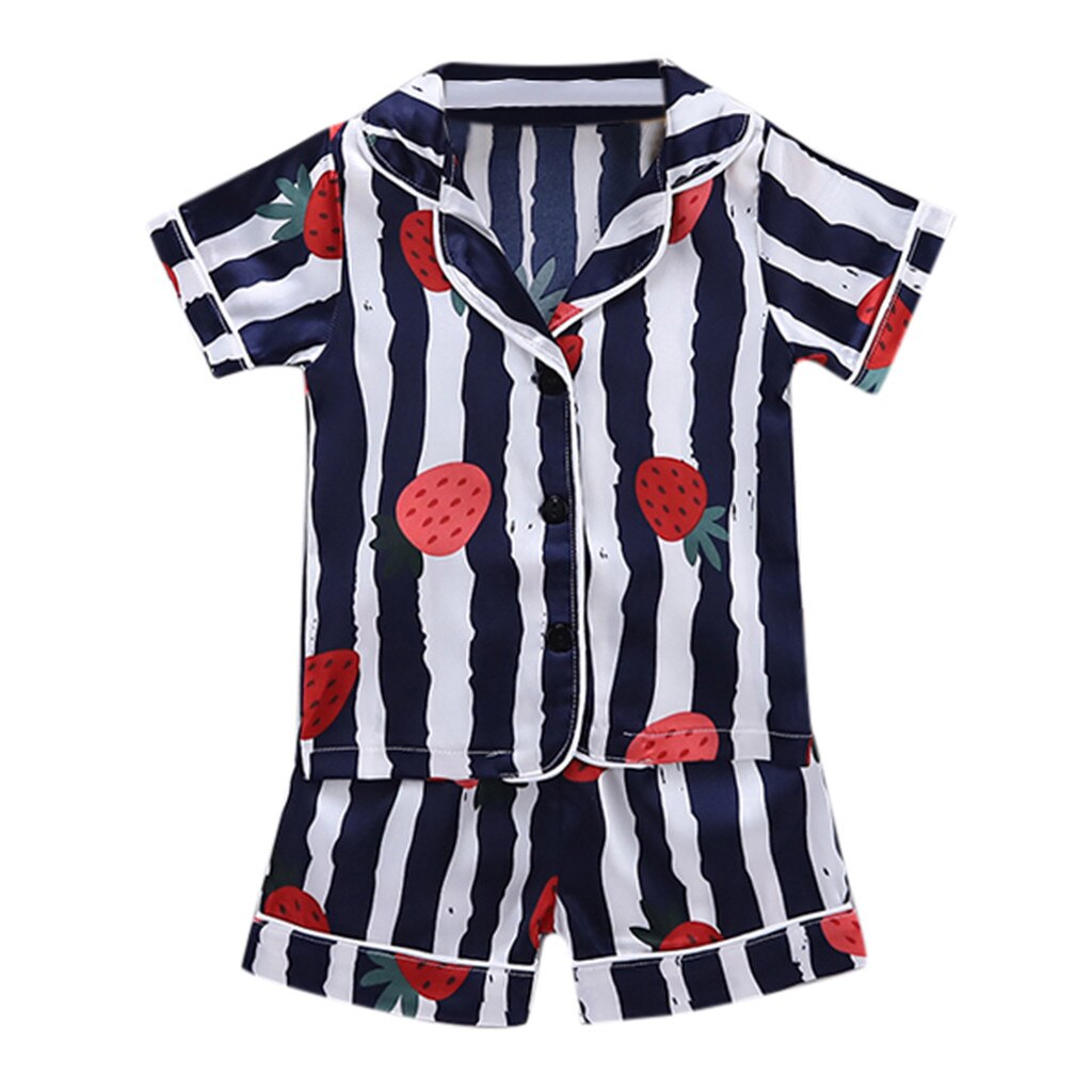 2個新生児パジャマスーツ半袖イチゴプリントトップス + ショーツ服幼児少年少女パジャマ: Navy  / 6-12 Months