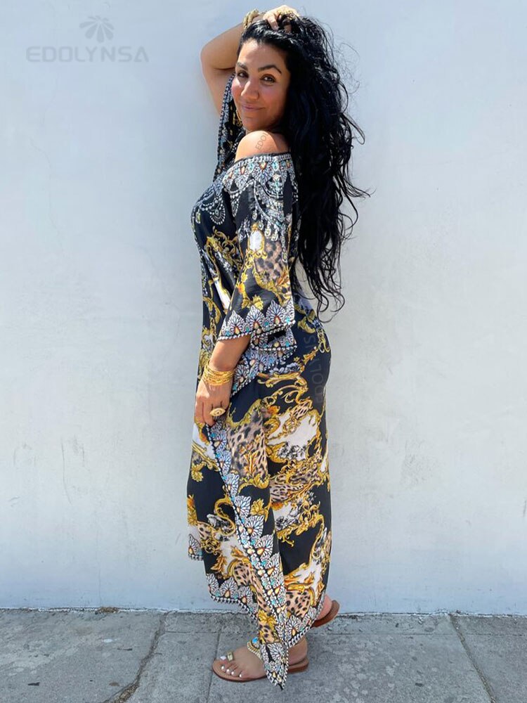 Moroccan Kaftan Boho Print Bikini Cover-ups Sexy Batwing Sleeve Maxi Dress Women Clothing Beach Wear Swim Suit Cover Up Q1394
