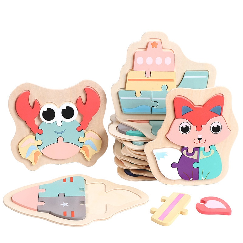 Children Puzzles Wooden Macaron Colorful Animal Jigsaw Puzzle Toys for Toddler Puzzle Early Educational Boys Girls 2-4