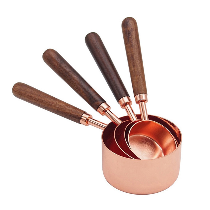 4 stk/sæt rose guld køkken bagning målebægre rustfrit stål måleske scoop sæt træhåndtag køkken måleværktøj: B