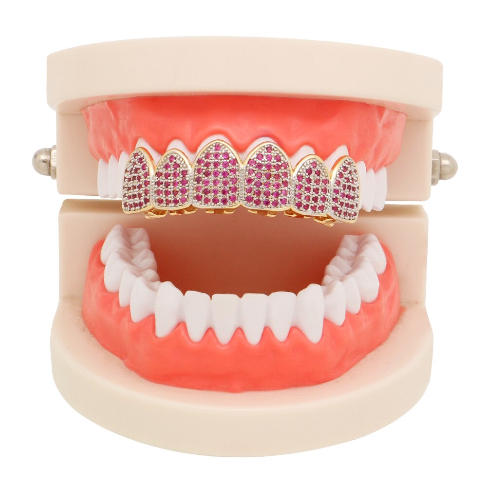 1set Hip Hop Rock Teeth Grillz Pink Diamond Tooth Gems Jewelry Top &amp; Bottom Teeth Braces Set for Men Women Halloween