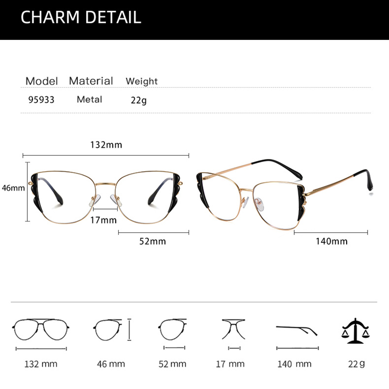 2022 Women Optical Glasses Frame with Recipe Alloy Woman Prescription Eyewear Female Style Full Rim Cat Eye Shape