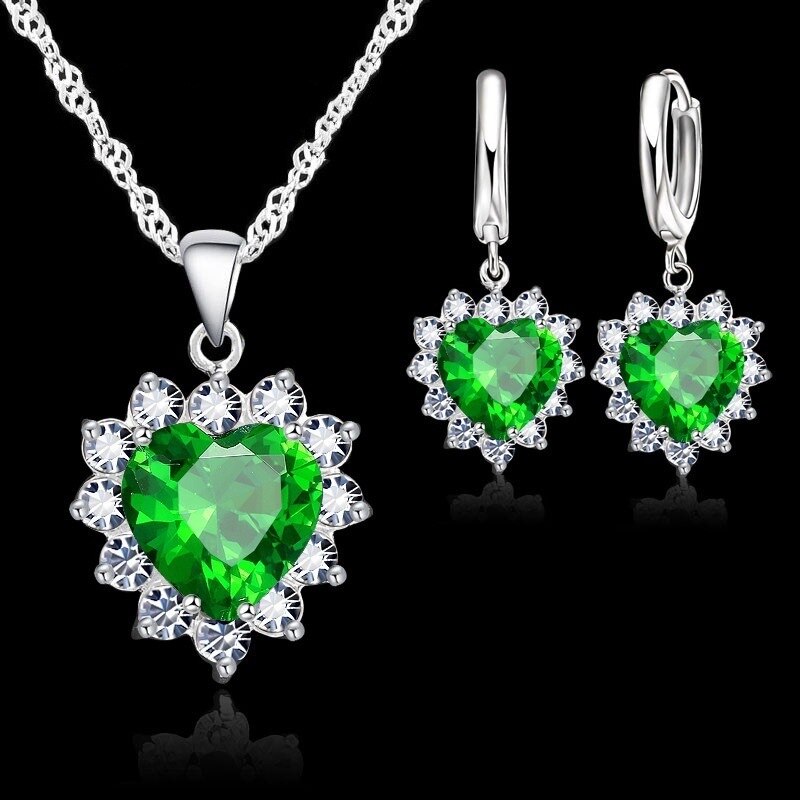 Conjunto de joyería de plata de ley 925 para mujer, colgante de corazón de piedra CZ, collar, pendientes, de cumpleaños: K