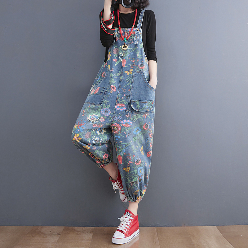 Streetwear-tryck blommiga denimoveraller för kvinnor dungarees axelband baggy sparkbyxor lösa jeans med vida ben jumpsuit: Xxl