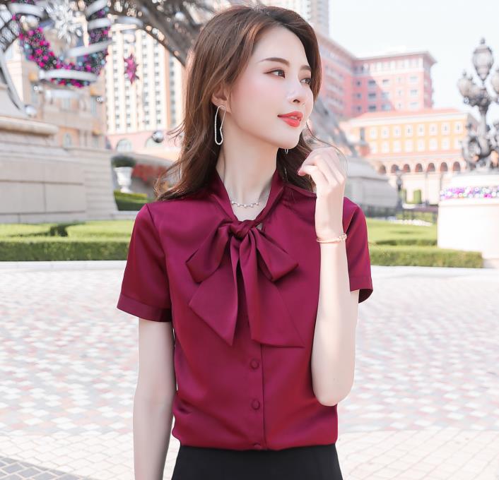 Chemise en mousseline de soie rouge vin pour femmes, à la , chemisiers à manches courtes avec nœud papillon, bureau, hauts de travail pour dames, été: Wine red / XXL