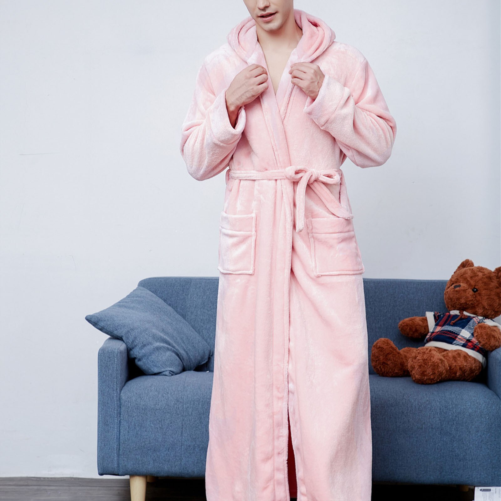 Chemise de nuit épaisse, pyjama en flanelle, couleur unie, revers, vêtements de maison, manches longues, à capuche, pour hommes et femmes: Rose / M