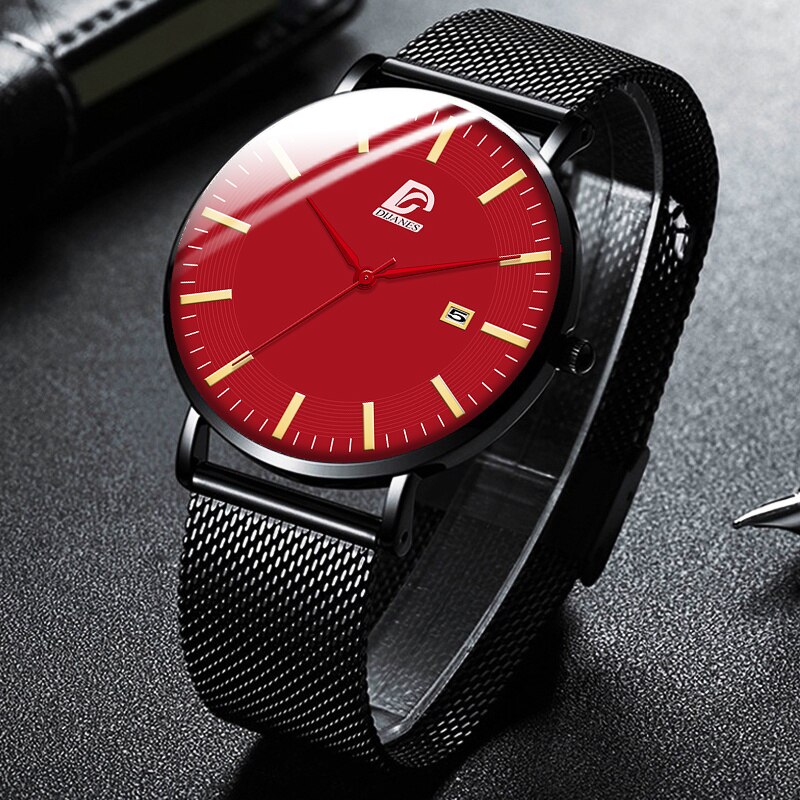 Dijanes miesten business minimalistiset kellot ultraohut ruostumaton teräsverkko vyö analoginen kvartsi rannekello reloj hombre