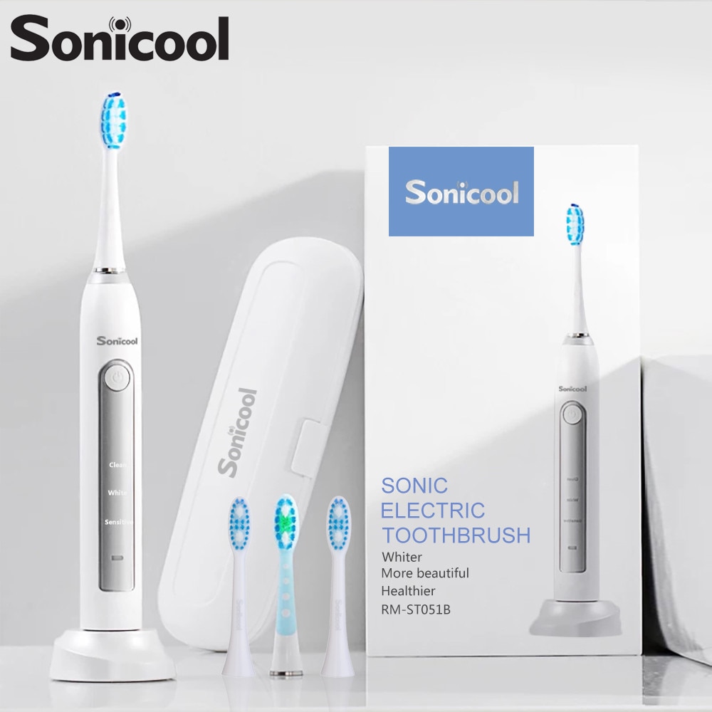 Sonicool 051B Electric Toothbrush Sonic USB Rechargeable Ultrasonic Three Modes Tooth Brushes With 4 Pcs DuPont Brush Heads