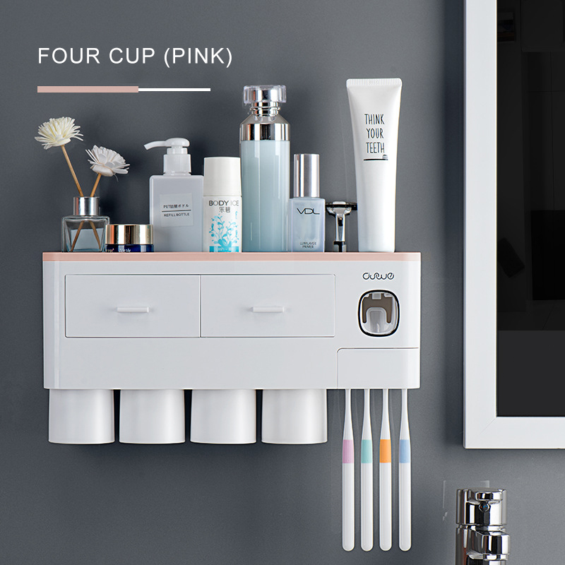 Bathroom Accessories Set Magnetic Adsorption Inverted Toothbrush Holder Automatic Toothpaste Dispenser Squeezer Storage Rack: Four Cups Pink