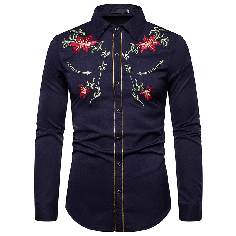 Männer Hemden Westlichen Denim Blume Bestickt Dünne Beiläufige Lange Hülse Zugeknöpft Hemd Männer der Nationalen Wind Bestickte Hemd S-2XL: Marineblau / M