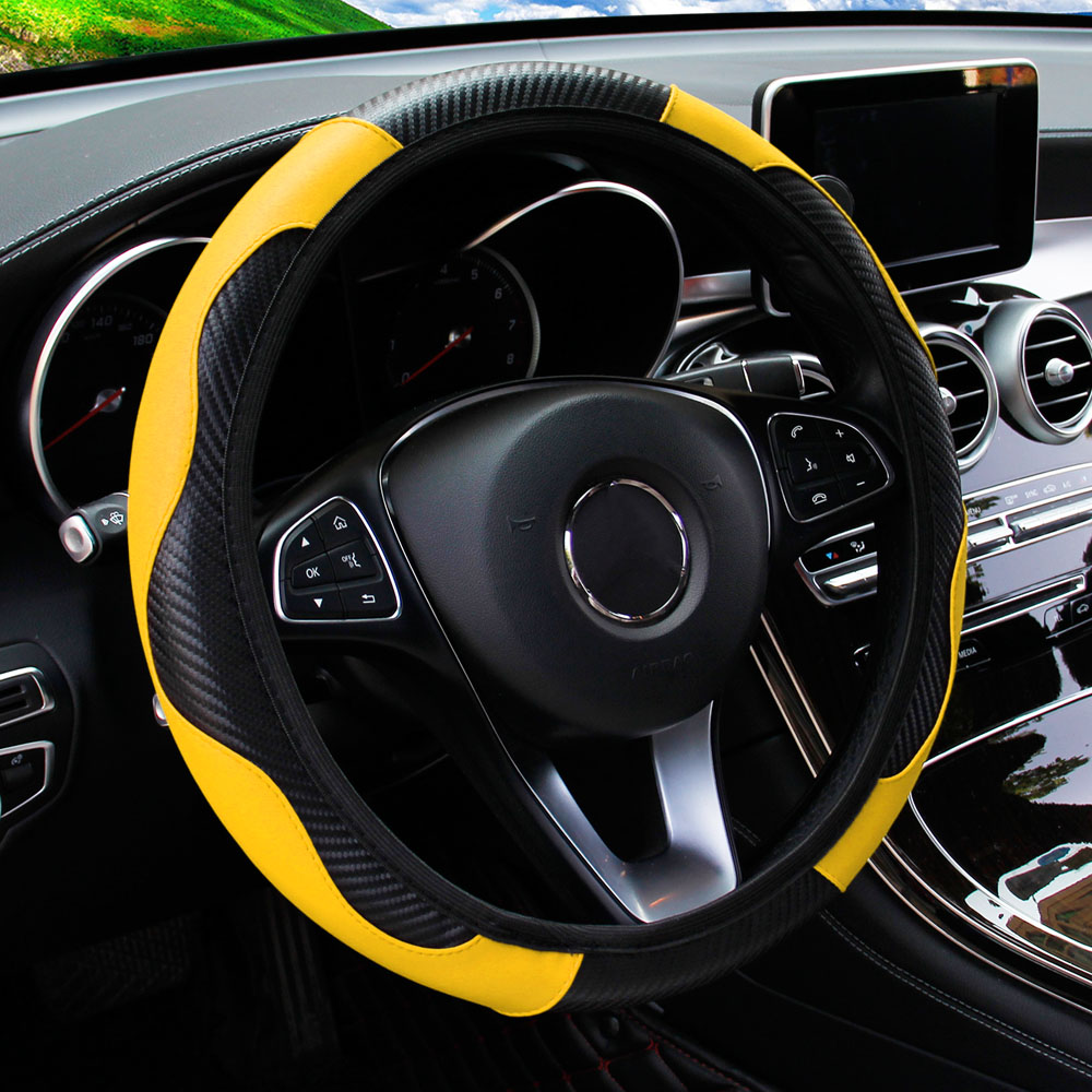 Juste de volant de voiture en cuir PU, fibre de carbone, sans anneau intérieur, adaptée aux amarans de 14.5 à 15, fournitures automobiles: YELLOW