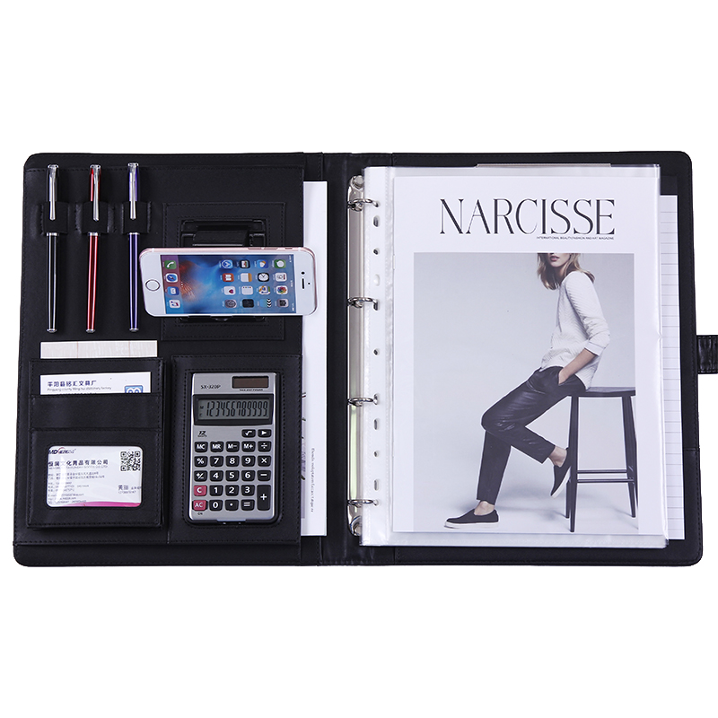 Portafolio de cuero PU A4 para negocios, soporte para archivos, carpeta de letreros para conferencias de ventas, con calculadora, estante de soporte móvil