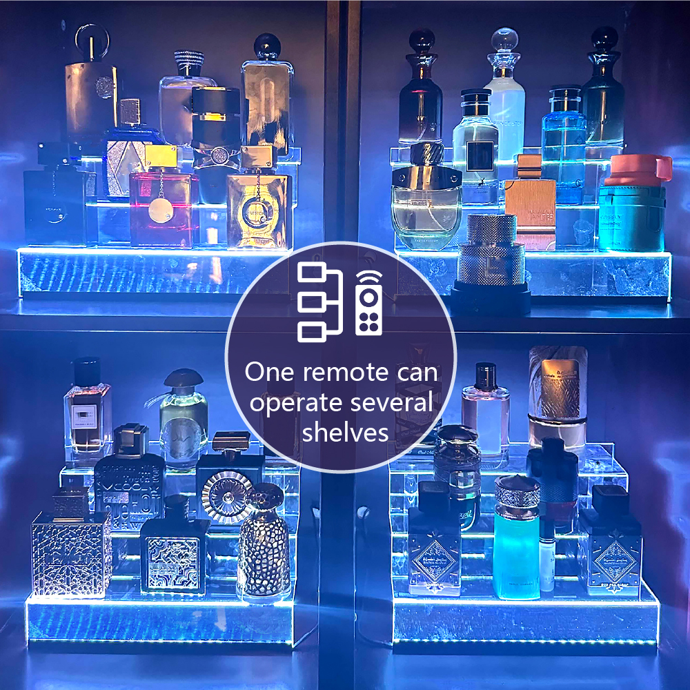 Estante de exhibición acrílico con luces LED, estante de Perfume para esmalte de uñas de 3 niveles y estante de escalera de exhibición, soporte para figuras, aumento de magdalenas transparente