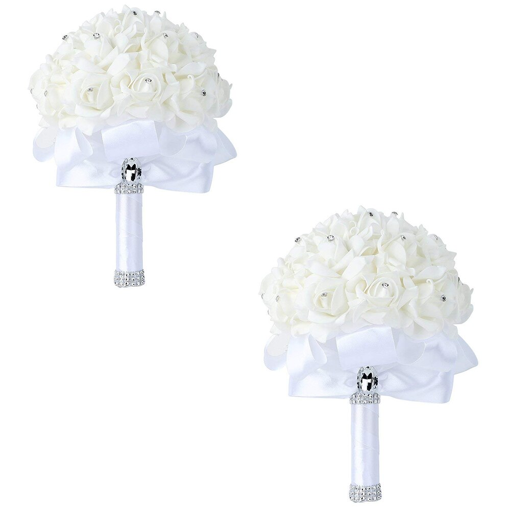 Beautiful White Ivory Bridal Bridesmaid Flower Wedding Bouquet Artificial Flower Rose Bouquet Crystal Bridal Bouquets: 2 white
