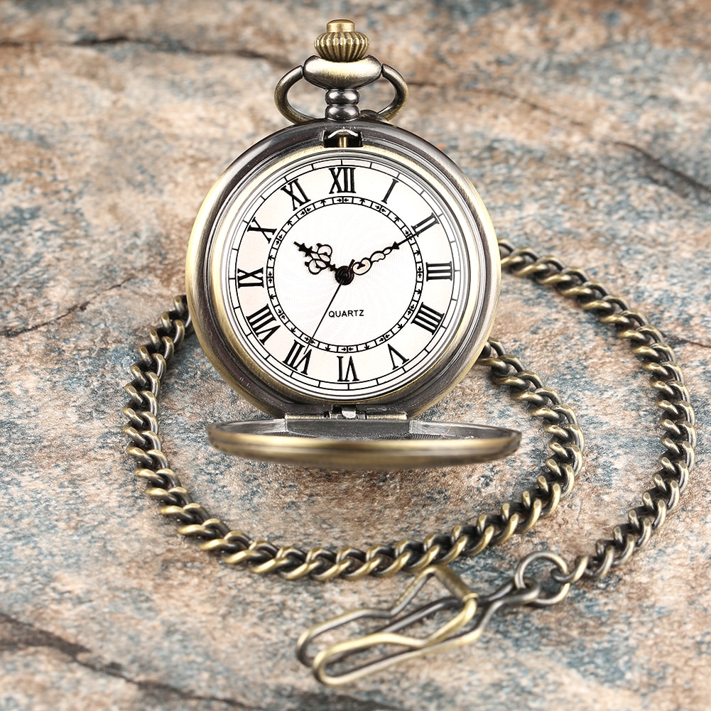 Klassisk bronsekasse herre lommeur klokke hvit romertall urskive med grov kjede kvarts anheng tilbehør montre de poche