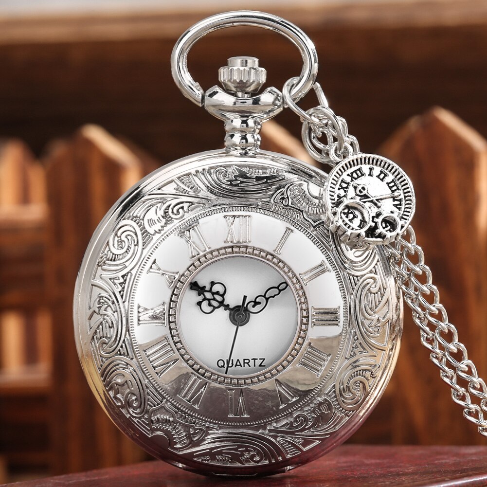 Retro Double Numeral Display Quartz Pocket Watch Antique Silver Necklace Pendant Clock Exquisite for Men Women