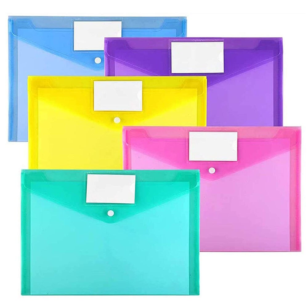 5 st  a4 storlek plastkuvert genomskinliga dokumentfil kuvertmappar med etikettficka och tryckknapp för skolans hemmakontorsmaterial: A4 färgglada 5 -pack