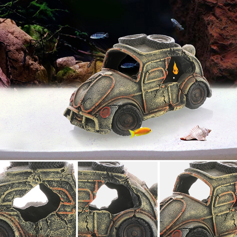 Fish Tank Decoration Aquarium Hideaway Broken Vehicle House with Cave Resin Wreck Car Ornament Landscaping Accessories