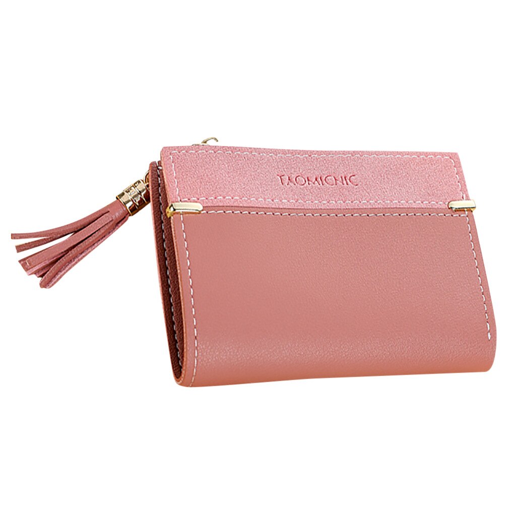 Coneed carteira feminina moda feminina curto cor sólida fivela borla mini feminino bolsa de cartão bolsa de couro carteira feminina pequena: Dark Pink