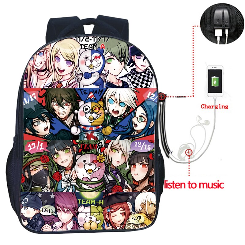 Danganronpa-mochila con carga USB para hombre y mujer, morral escolar de , bolso de viaje a la , mochila bonita para estudiantes: 7