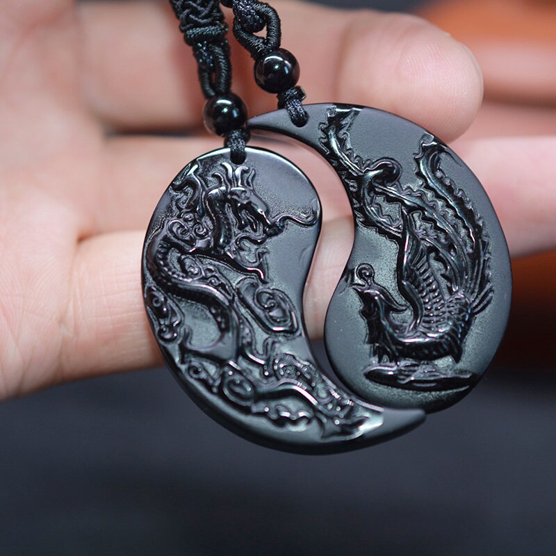 2Pcs Obsidiaan Carving Taichi Draak En Phoenix Hanger Ketting Voor Vrouwen Mannen Retro Lucky Amulet Paar Statement Sieraden