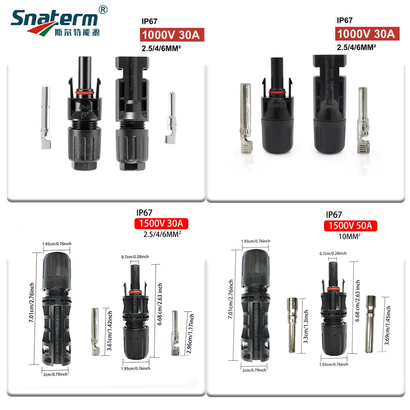 Conector solar Conectores de panel solar fotovoltaico macho y hembra IP67 1000V/1500VDC para cable solar 14/12/10/8 AWG uso en sistema solar