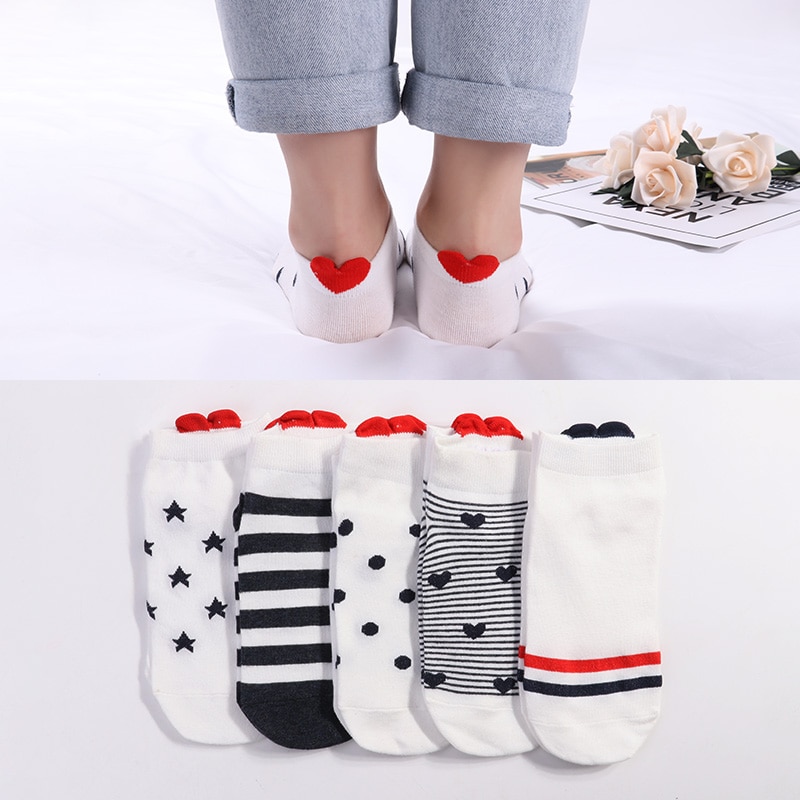 5Pairs Arrivl Women Cotton Socks Pink Cute Cat Ankle Short Casual Animal Ear Red Heart Gril Dot Stipe Print Soft Socks 35-40