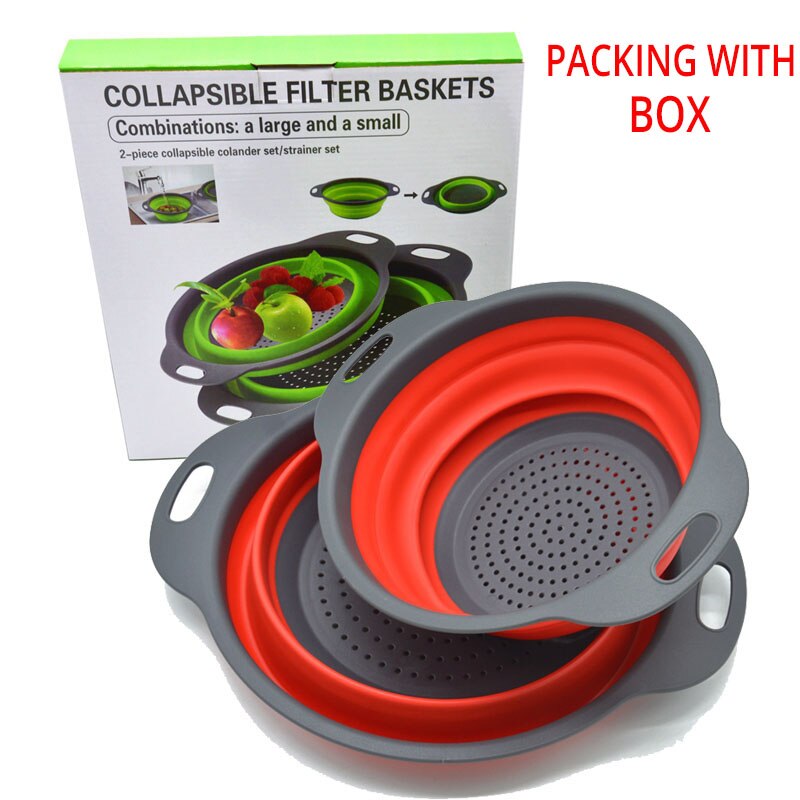 2 stk / sæt køkkenredskaber sammenfoldeligt silikone dørslag frugtgrøntsager vaskekurv sil sammenklappelig afløbspakke med kasse: Rød boks