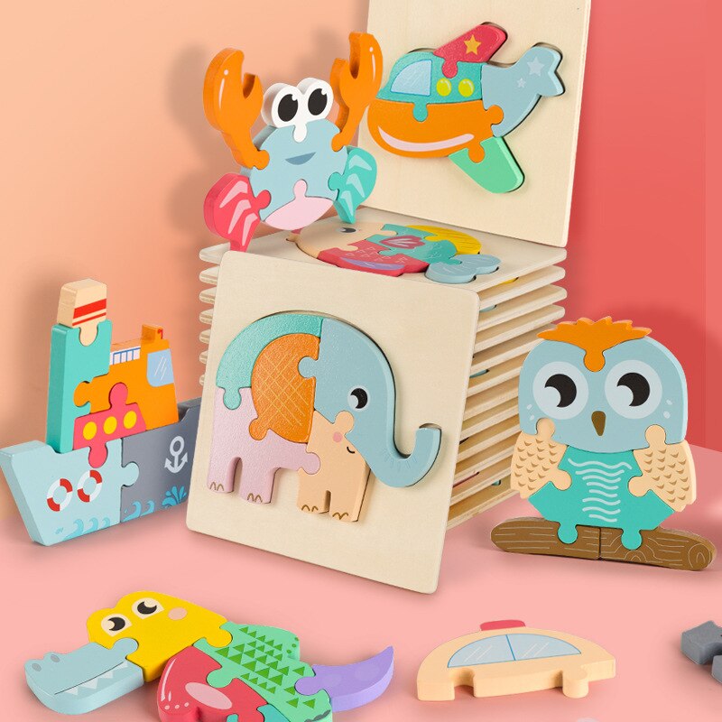 Baby Toys Wooden 3d Puzzle Cartoon Animal Intelligence Kids Educational Brain Teaser Children Tangram Shapes Learning Toys