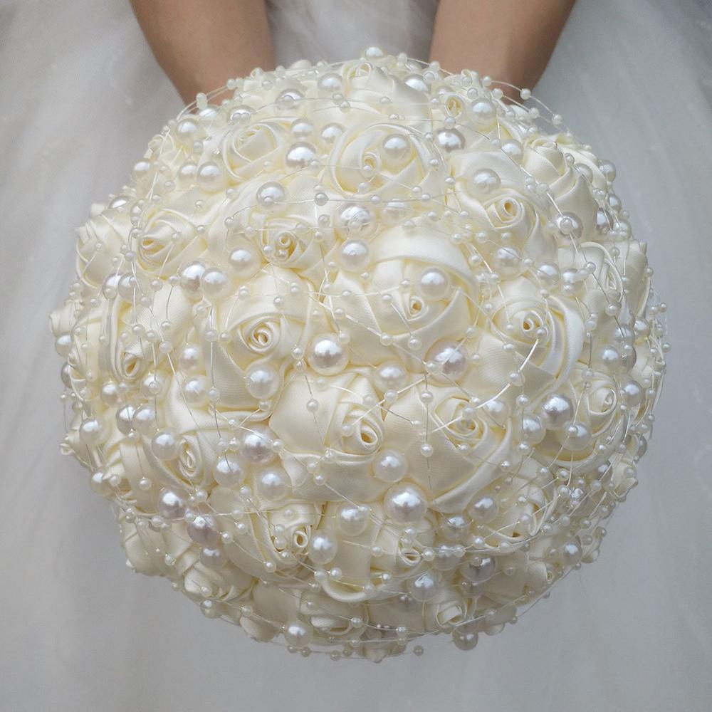 Pearls Beaded Bridal Bouquet Bridesmaid Wedding Flowers With Ribbon Ivory Rose Stunning