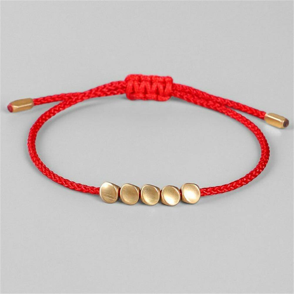 Feito à mão tibetano sorte corda pulseira com contas de cobre para mulheres homens trança fio de algodão pulseiras tamanho ajustável jóias presente: 5 Bead Red Rope