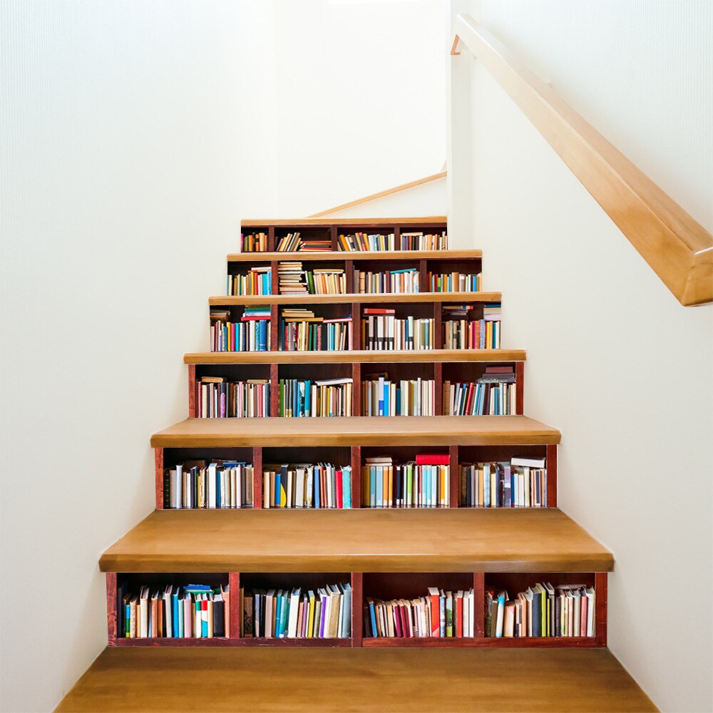 6 teile/satz Bibliothek Treppen Aufkleber Bücherregal Stairscase Dekoration Tapete Selbst Klebe Bücherregal DIY Fliesen Decals Für Lustige Leben
