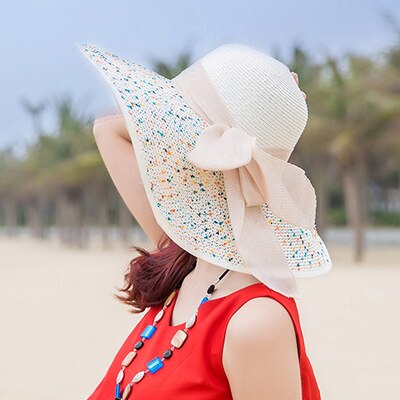 Women Ladies Summer Hats Straw Hats Bow Beach Foldable Sun Hats: Dot White