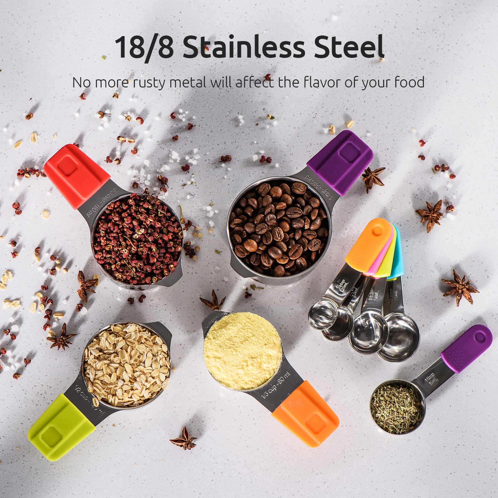 U-Taste 13PCS Measuring Spoons Stainless Steel Measuring Cups Kitchen Measuring Tools for Cake Baking Silicone Handle Magnetic