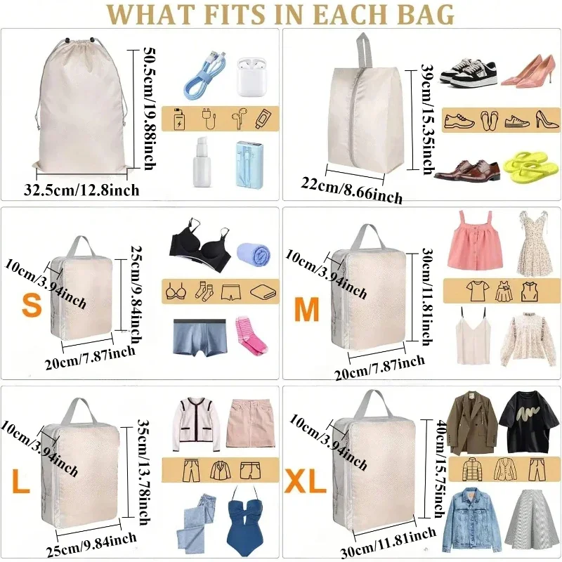 6 -teiliges set tragbarer kompressions-packwürfelbeutel, wasserdichte organizerbeutel für koffer, kleidung, handtaschen und reisen