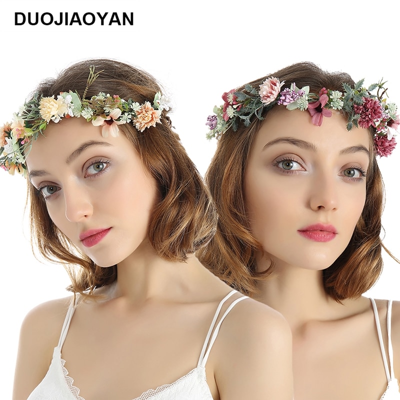 DUOJIAOYAN Color Flower Crown Tiara bridal Hair Wreath Women Fabric Artificial Flower Headband Wedding Hair Accessories