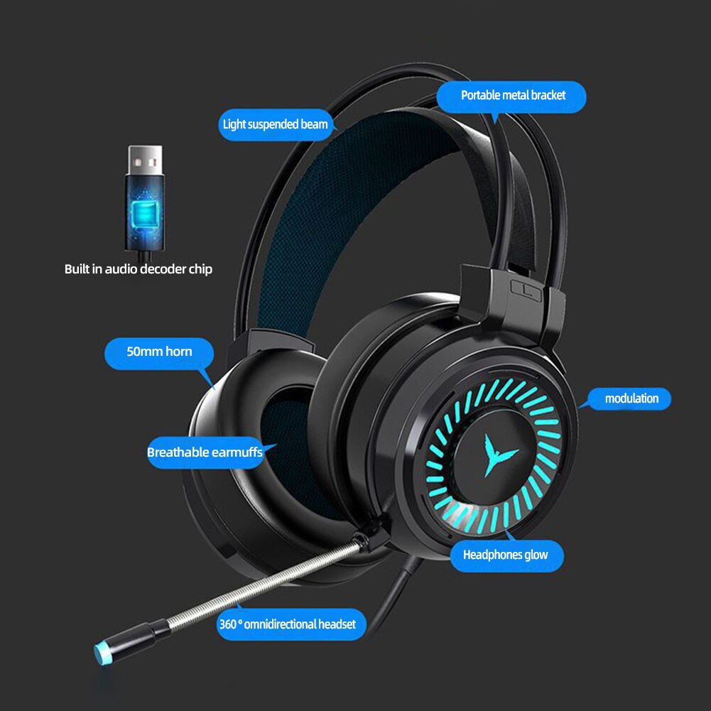 Gaming Headset USB Wired Headphones With Microphone Surround Sound Stereoe Colourful Light PC Laptop Game Headset