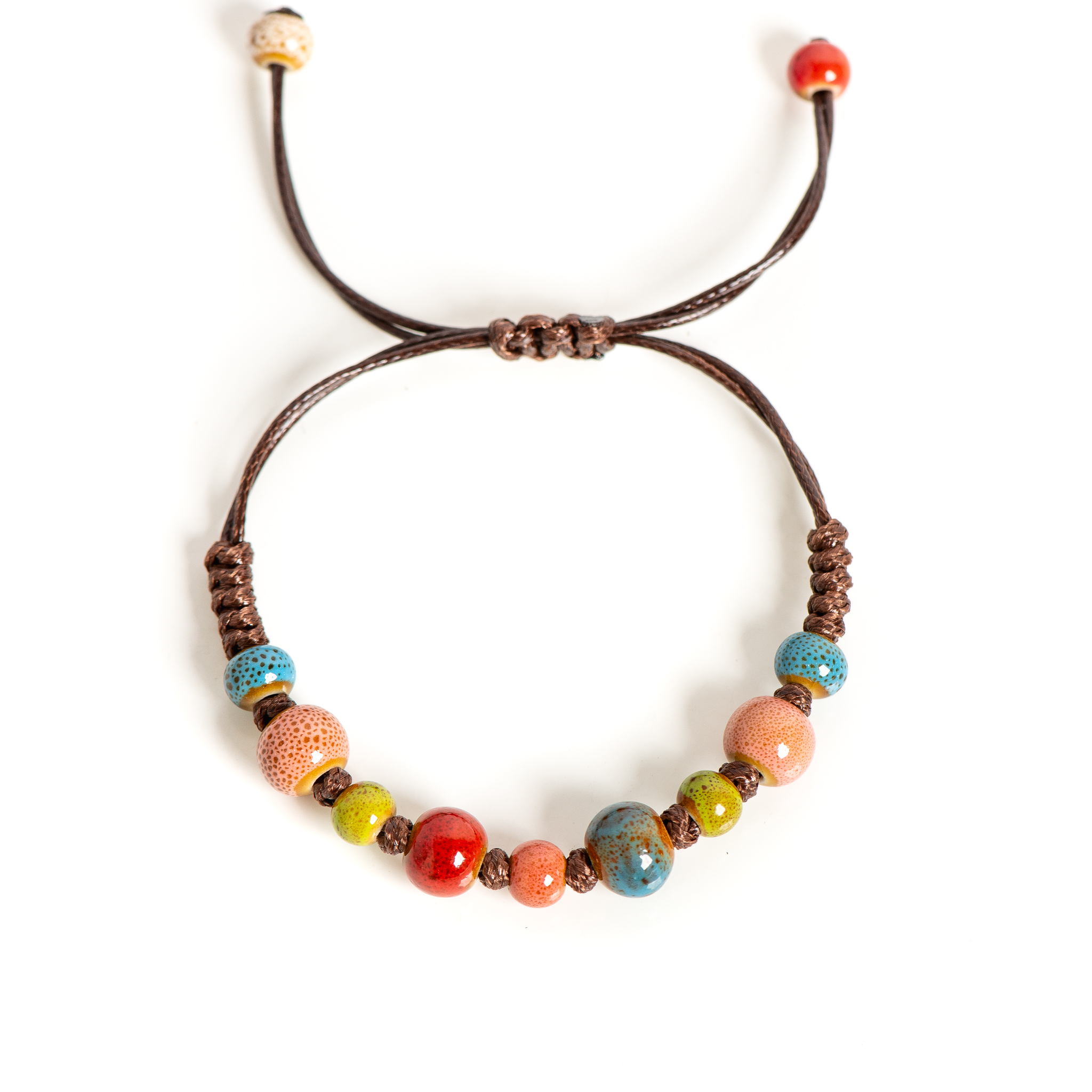 Bohemian Ceramic Bead Bracelet with Adjustable Cord 15-25cm for All Wrist Sizes
