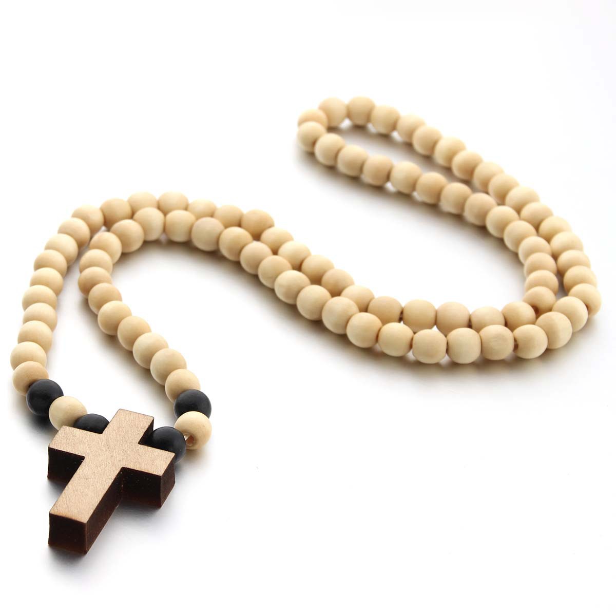 Braun Kurze Kreuz Anhänger Holz Perlen Halsketten für Männer Frau Rosenkranz Holz Perle Zahler Religiöse Schmuck: Beige