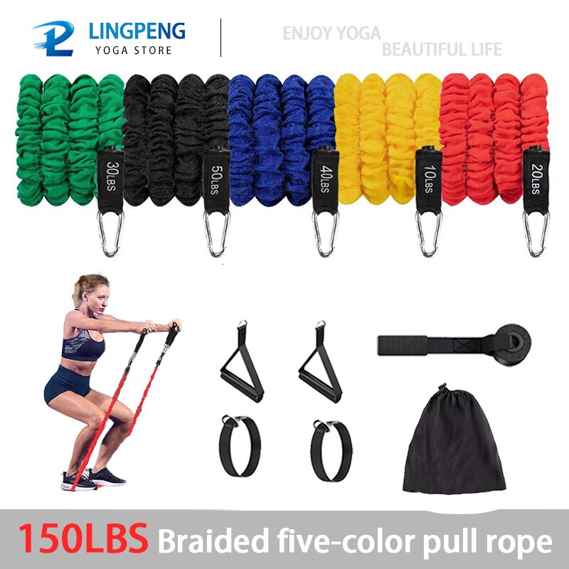 250LBS Set Workout Bands Exercise Bands 5 Tube Fitness Bands with Door Anchor Handles Legs Ankle Straps and fitness stick: 150LBS Wrapped SET