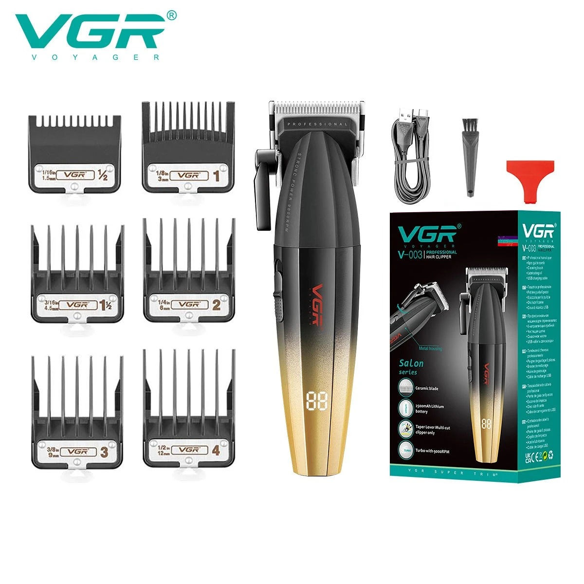 VGR Haartrimmer Professioneel Tondeuse Barbier Verstelbaar Haarknipmachine 9000 RPM Tondeuse LED-scherm Haartrimmers Mannen V-003: Goud