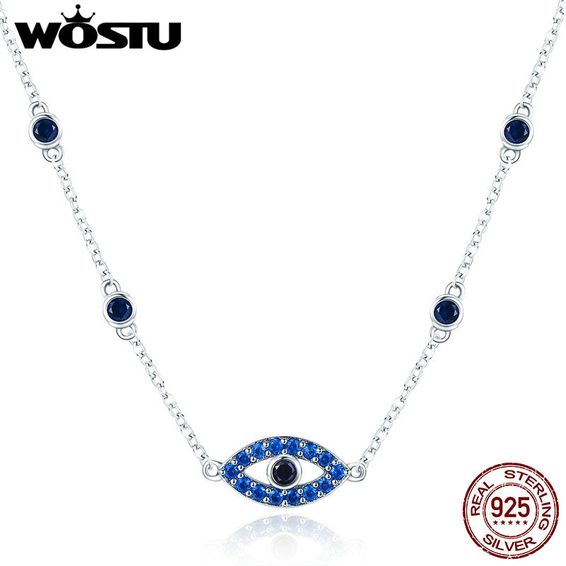 WOSTU 925 Sterling Silver Vintage Lucky Eyes Chains Necklace For Women S925 Silver Brand Jewelry Birthday CQN300